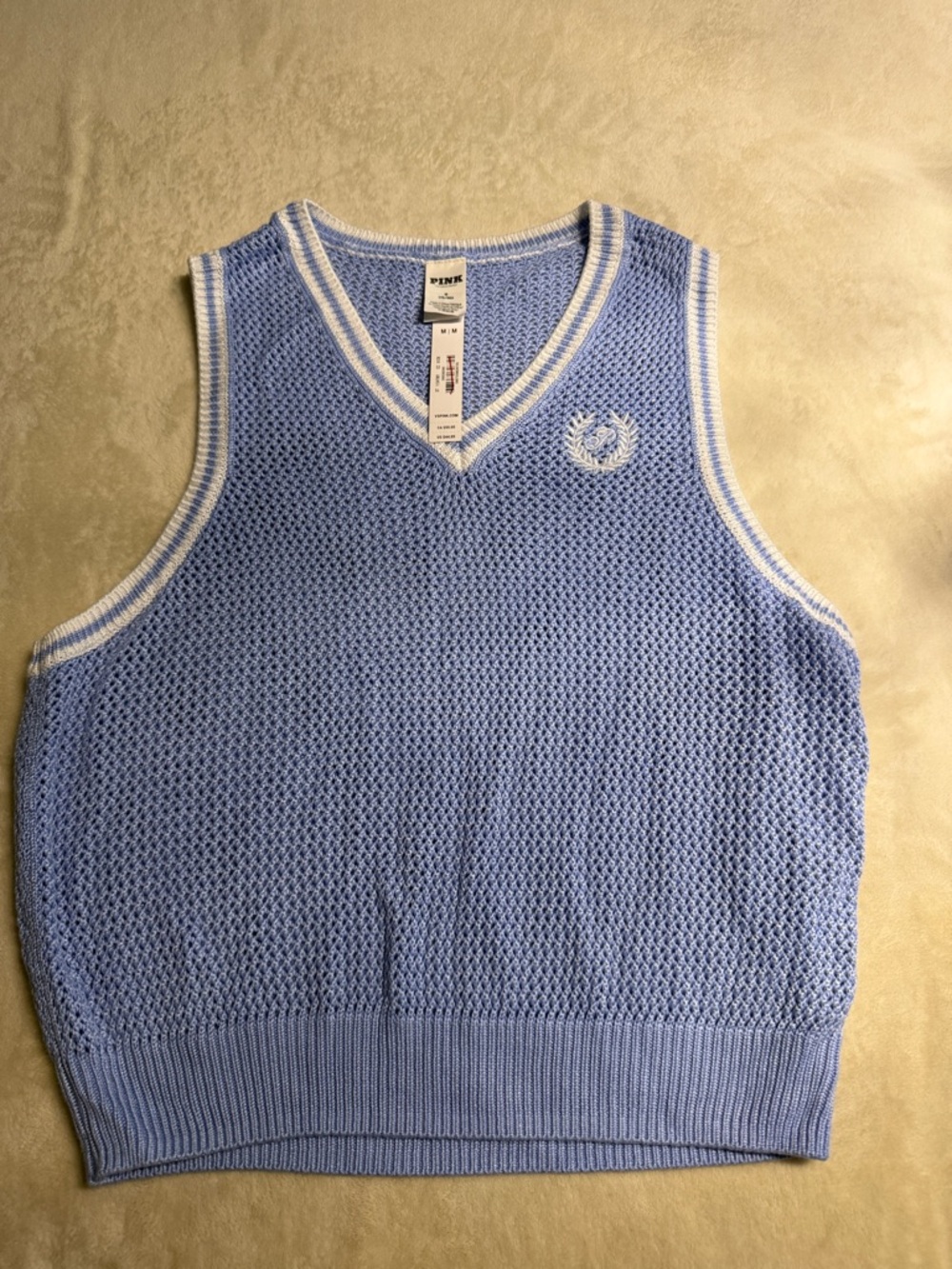 PINK Victoria's Secret Light Blue Knit V-Neck Sweater Vest with White Trim